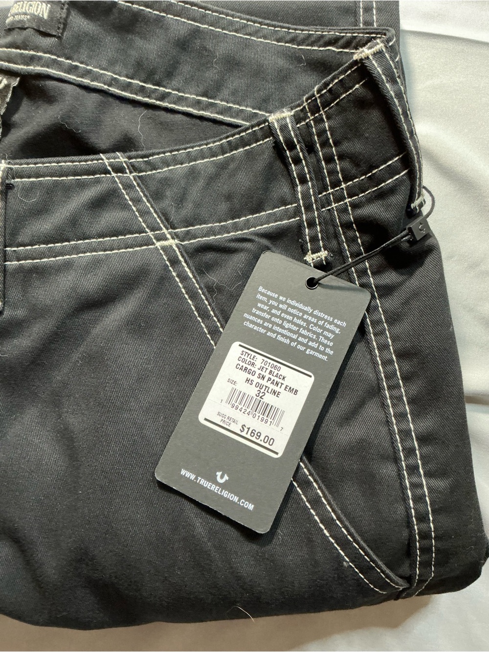 True Religion Men’s Black Slim Straight Jeans with White Contrast Stitching - Picture 15 of 15